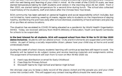 SCIA School Closure from Mon 16 March to Fri 20 March